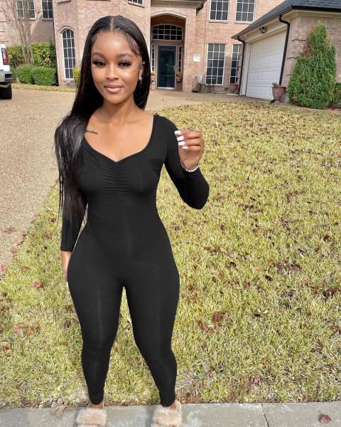 New women's sexy tight-fitting V-neck pleated solid color long-sleeved jumpsuit one-piece pants