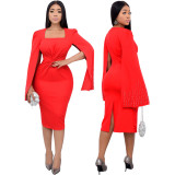 Women's winter beaded cloak twisted waist solid color dress