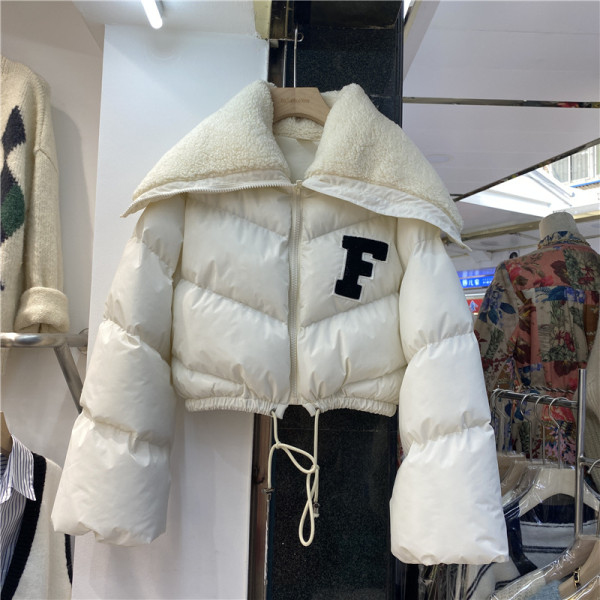 Winter new embroidered letter stitching large lapel lamb wool short thick cotton coat women