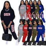 Women's Alphabet Print Sweater Pull Rack Casual Sports Suit (with Pockets)