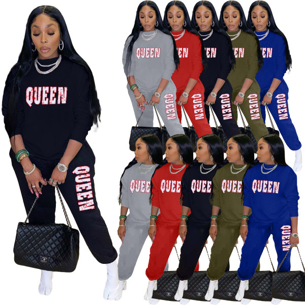 Women's Alphabet Print Sweater Pull Rack Casual Sports Suit (with Pockets)