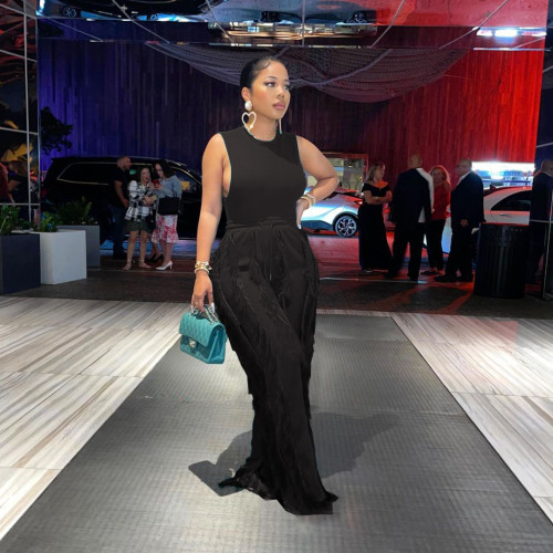 Women's Fashion Solid Color Multi-layer Fancy Tassel Wide Leg Pants with Inner Slit