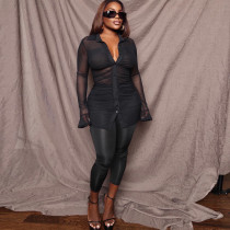Sexy Sheer Mesh Long Sleeve Two-Piece Nightclub Suit