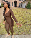 New women's sexy tight-fitting V-neck pleated solid color long-sleeved jumpsuit one-piece pants
