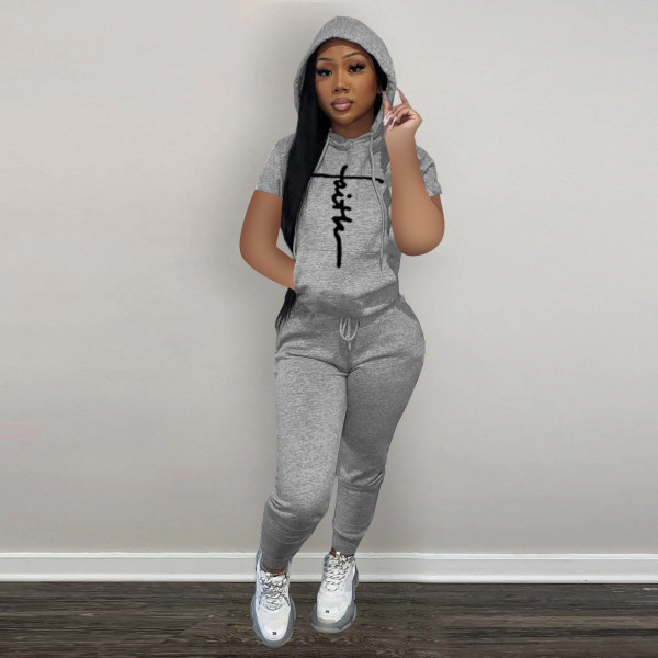 statement print hooded casual suit