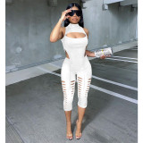 Women's spring 2022 sexy temperament solid color sleeveless hollow two-piece suit