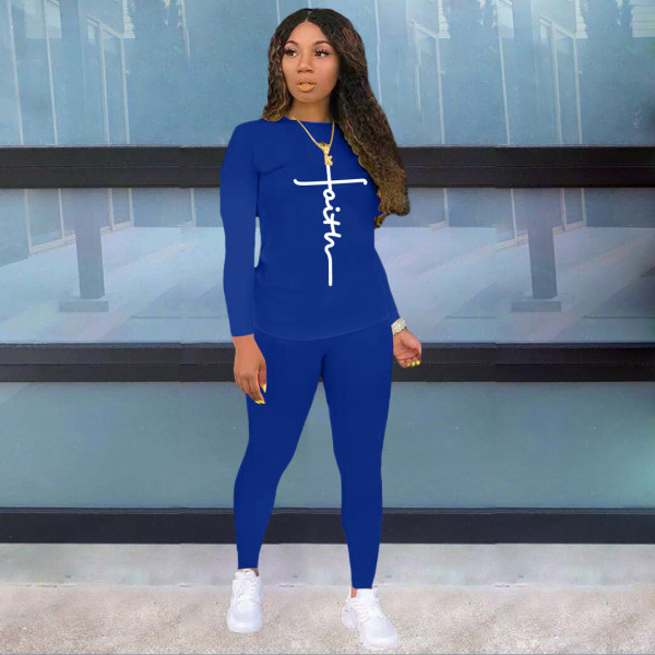 Fashion Ladies Alphabet Print Sweater Pull Rack Casual Sports Suit (with Pockets)