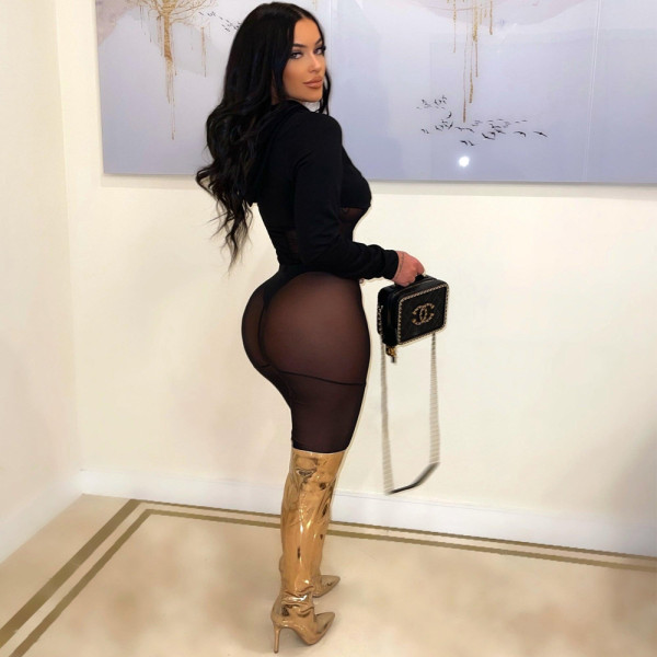 Sexy sheer gauze long-sleeved two-piece nightclub suit