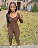 New women's sexy tight-fitting V-neck pleated solid color long-sleeved jumpsuit one-piece pants