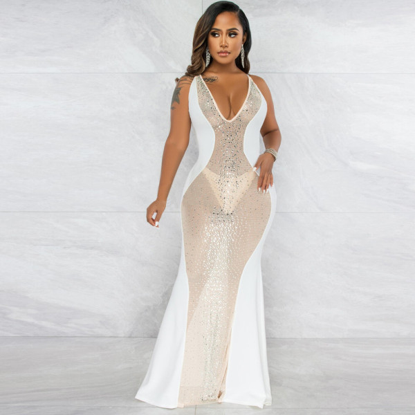 Sexy Deep V Hot Drill Mesh Dress Nightclub Dress
