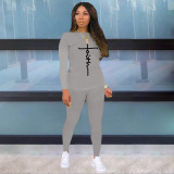 Fashion Ladies Alphabet Print Sweater Pull Rack Casual Sports Suit (with Pockets)