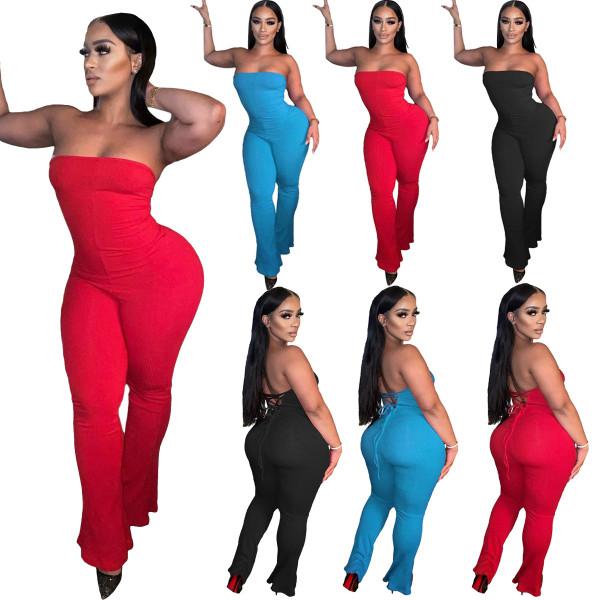 Sexy solid color tube top back hollow strap pit strip ladies one-piece flared pants