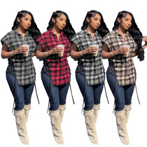 Women's spring and summer new woolen cloth lapel check tie single-breasted cardigan