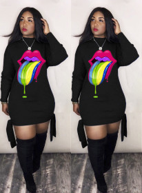 Women's Digital Printed Colorful Tongue-Head Band Long Sleeve Dress