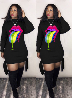 Women's Digital Printed Colorful Tongue-Head Band Long Sleeve Dress