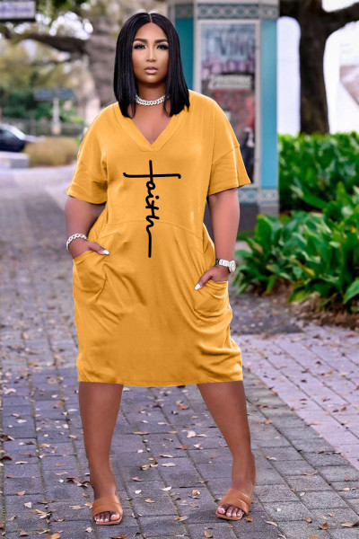 Women's Fashion Sexy Loose Letter Print V-Neck Casual Dress With Pockets