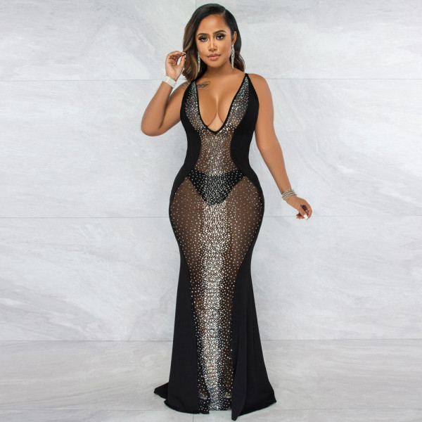 Sexy Deep V Hot Drill Mesh Dress Nightclub Dress