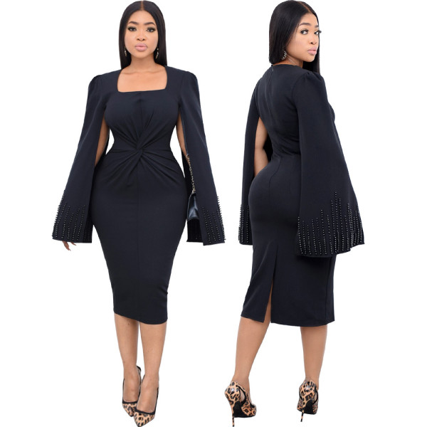 Women's winter beaded cloak twisted waist solid color dress