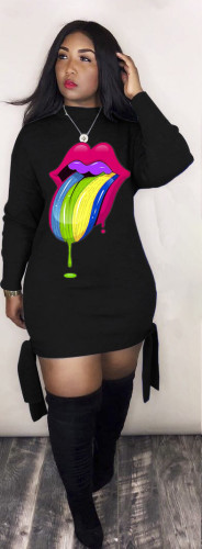 Women's Digital Printed Colorful Tongue-Head Band Long Sleeve Dress