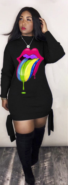 Women's Digital Printed Colorful Tongue-Head Band Long Sleeve Dress