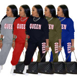 Women's Alphabet Print Sweater Pull Rack Casual Sports Suit (with Pockets)