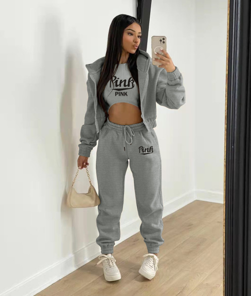 Women's Fleece Sweatshirt Letter Print Hooded Athleisure Suit (Three Piece)