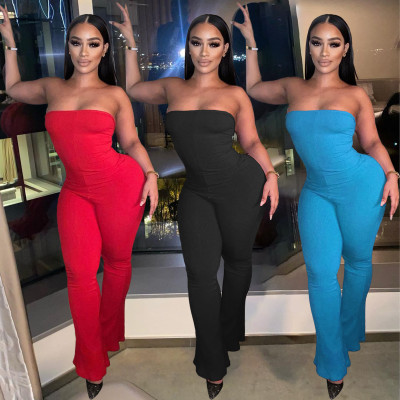 Sexy solid color tube top back hollow strap pit strip ladies one-piece flared pants