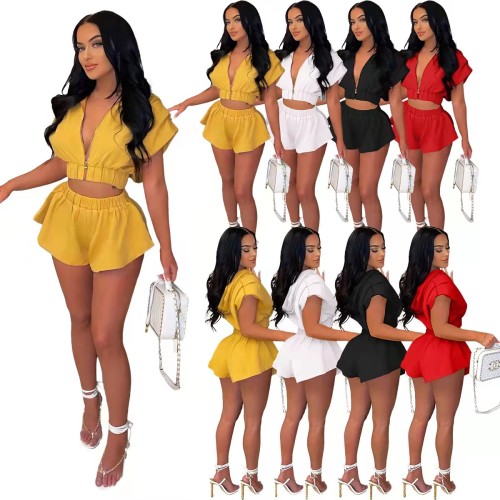 New Women's Summer Solid Color Zipper Hooded Two Piece Set