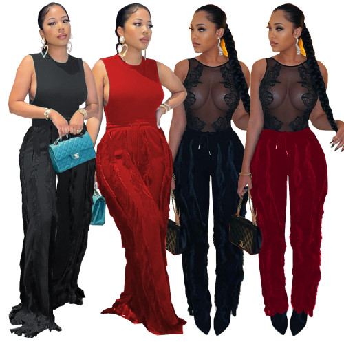 Women's Fashion Solid Color Multi-layer Fancy Tassel Wide Leg Pants with Inner Slit