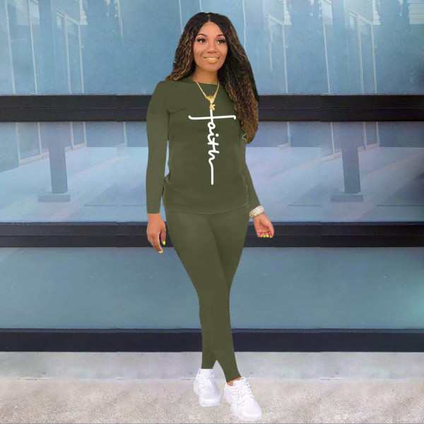 Fashion Ladies Alphabet Print Sweater Pull Rack Casual Sports Suit (with Pockets)