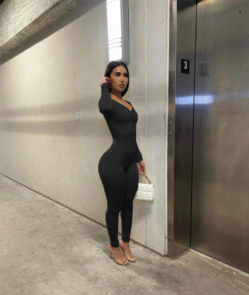 New women's sexy tight-fitting V-neck pleated solid color long-sleeved jumpsuit one-piece pants