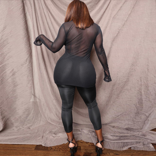 Sexy Sheer Mesh Long Sleeve Two-Piece Nightclub Suit