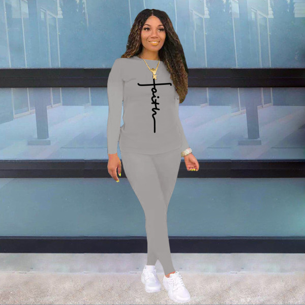 Fashion Ladies Alphabet Print Sweater Pull Rack Casual Sports Suit (with Pockets)