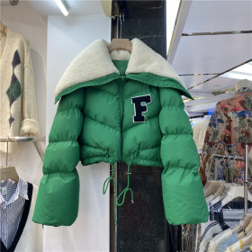 Winter new embroidered letter stitching large lapel lamb wool short thick cotton coat women