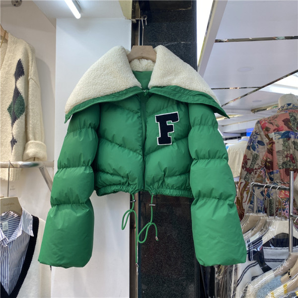 Winter new embroidered letter stitching large lapel lamb wool short thick cotton coat women