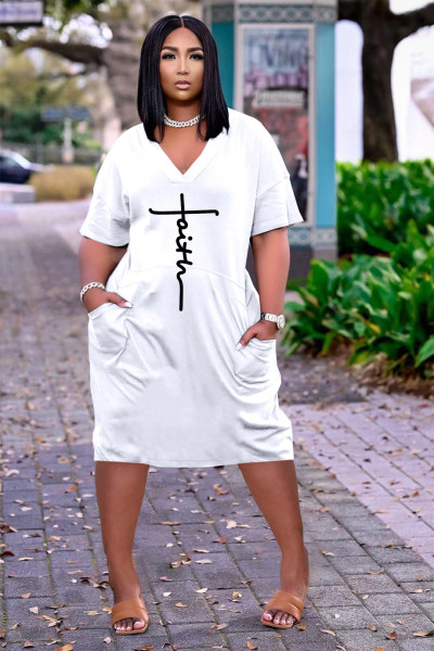 Women's Fashion Sexy Loose Letter Print V-Neck Casual Dress With Pockets