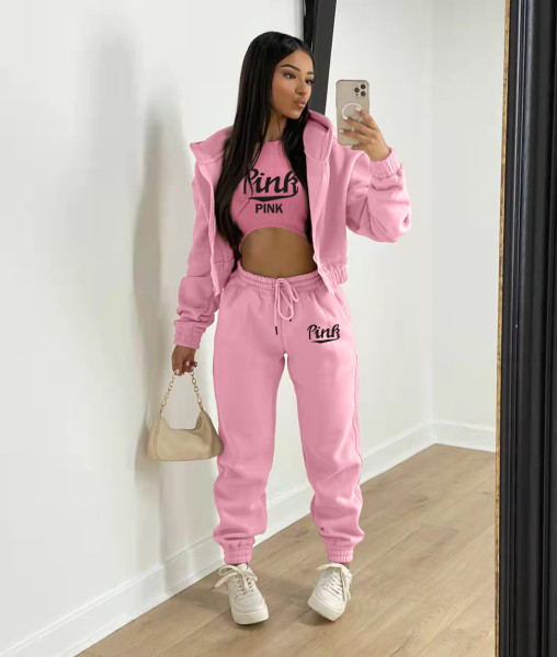 Women's Fleece Sweatshirt Letter Print Hooded Athleisure Suit (Three Piece)