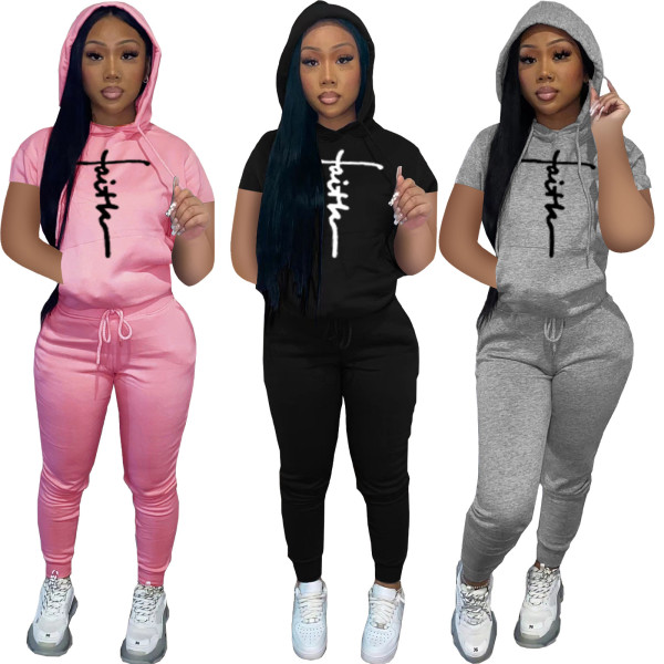 statement print hooded casual suit
