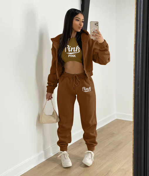 Women's Fleece Sweatshirt Letter Print Hooded Athleisure Suit (Three Piece)