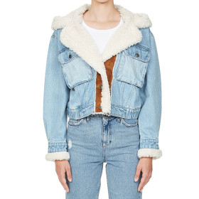 Winter new denim stitching hooded lamb wool coat new single-breasted personality short trend women's clothing