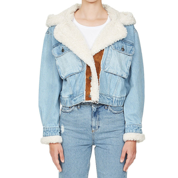 Winter new denim stitching hooded lamb wool coat new single-breasted personality short trend women's clothing
