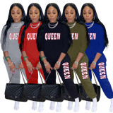 Women's Alphabet Print Sweater Pull Rack Casual Sports Suit (with Pockets)