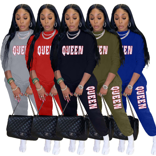 Women's Alphabet Print Sweater Pull Rack Casual Sports Suit (with Pockets)