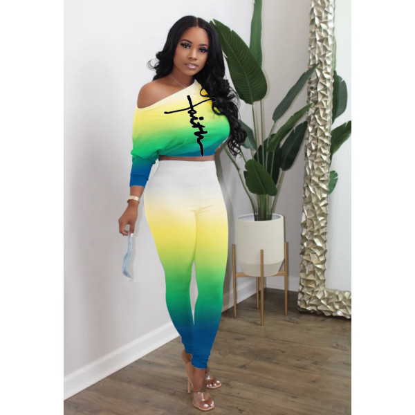 Sexy Inclined Collar Off Shoulder High Waist Suit Colorful Gradient Color Fluorescent Letters