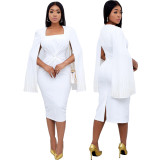 Women's winter beaded cloak twisted waist solid color dress