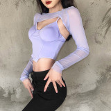New women's open-back slim vest round neck long-sleeved mesh short cropped navel T-shirt