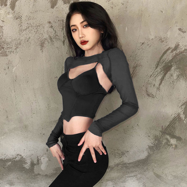 New women's open-back slim vest round neck long-sleeved mesh short cropped navel T-shirt