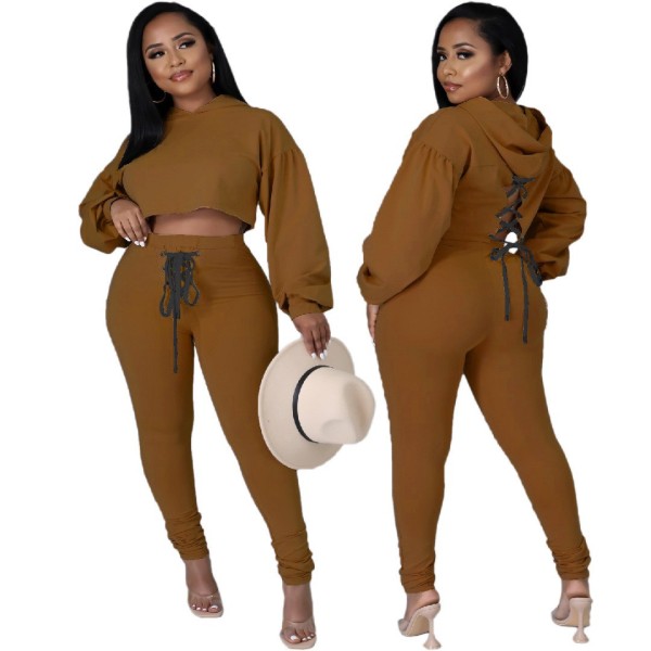 Women's clothing cute fashion temperament commuter spring and autumn solid color hooded two-piece set