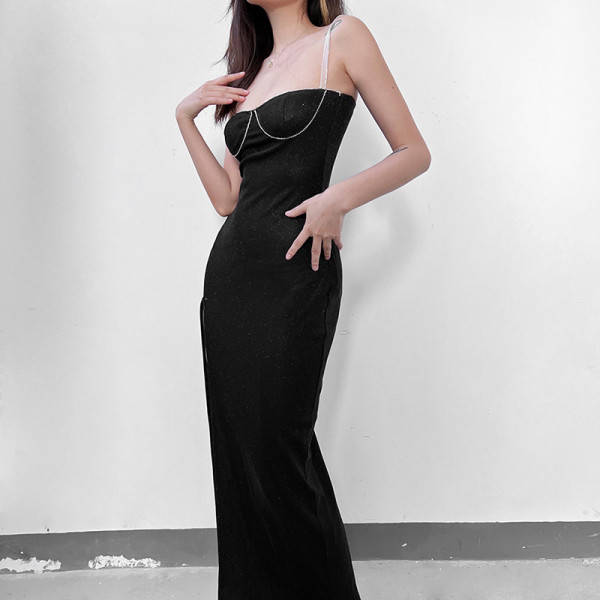 Spring and summer new women's fashion suspenders sexy one-shoulder slim slit temperament dress women