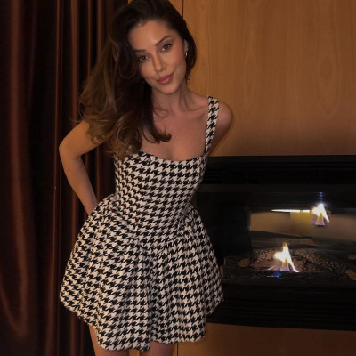 Spring and summer new women's suspenders with a word collar sexy backless houndstooth temperament slim dress